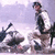 A pixelated figure in military attire crouches with a rifle, positioned against a hazy background.