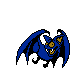 Four pixelated blue bat-like creatures with yellow eyes and teeth, black wing membranes, and small curved feet in various flying poses against a gray background.