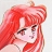 Pixelated anime-style character with long red hair, closed eyes, and a neutral expression against a light background.