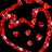 Red heart-shaped outline with scattered red dots on black background; two white outlined hearts on gray fabric-like surface.