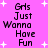 Pixelated text on a pink background with white star shapes, repeating the phrase 'Grls Just Wanna Have Fun' in two vertical