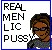 Pixelated static buddy icon with blue border, white background, black text reading "REAL MEN LICK PUSSY" and partial pixel art of a person on the right side.