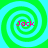 Four identical spiral patterns with green and cyan rings surround pink text reading 'Jack' on a solid cyan background.