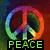 A pixelated peace symbol with rainbow gradient colors and the word 'PEACE' in green block letters on a black background.