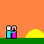 Animated pixel art shows two figures on a green platform against an orange background with yellow hills, transitioning from standing to falling with text overlays.