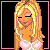 Pixel art contact sheet showing two frames of an animated icon with a blonde cartoon woman and pink text "In Love" on black background.