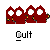 Pixel art of four red cartoon figures with white eyes and yellow accents, positioned above the word 'Cult' in blocky text.