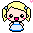 Pixel art character with blonde pigtails, pink cheeks, and blue-and-white dress; two side-by-side views show identical pose against gray background.