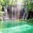 Pixelated waterfall scene with green foliage and turquoise water, featuring a green text overlay reading 'Kate' in the upper right corner.