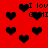 Red background with scattered black pixelated hearts and repeated text fragments reading "I lov GAMI" in black pixelated font.