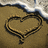 A pixelated heart shape outlined in dark brown on a textured beige background with blurred light and dark edges.