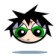 Pixelated cartoon head with spiky black hair, green glasses, and a small red mark on the forehead; two variations show different facial expressions.