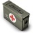 Pixelated dark gray rectangular object with rounded edges, featuring a red and white circular symbol on its side, viewed from an angled perspective against a white background.
