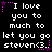 Pixelated text reads "I love you to much to let you go steven<3" in white on black, surrounded by pink stars and dotted lines, with repeated text in a