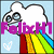 Pixelated cloud with glasses and rainbow, white heart, colorful hearts, and red text on white background.