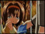 Anime-style character sequence showing emotional interactions with a blue book, autumn trees, and swing set in warm-toned pixel art.