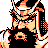 Pixelated 48x48 static icon of a stylized character with orange and black color scheme, featuring angular facial features, sharp lines, and dynamic motion effects.