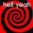 Four identical red and black spiral patterns arranged in a with white text reading 'hell yeah' above each spiral
