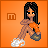 Pixelated character with long black hair, orange top, and white sneakers sits with legs crossed on orange background, holding a blue object.