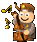 Pixelated character with brown hair and horns holds a golden musical instrument, smiling broadly against gray background.
