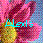 Pixelated image with pink and blue gradient background, featuring a stylized figure in yellow-green tones holding an object, overlaid by cyan text reading "Alexis".