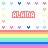 Pixel art of 'ALAINA' text in multiple colors with rainbow stripes and small heart icons surrounding the text blocks
