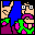 Pixelated character portraits in a with blue backgrounds, featuring varied facial expressions, clothing, and accessories including a green and pink patterned item, a blue jacket with purple accents, and a mustache