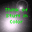 Green text reading 'Think of Stuff in Color' over a grayscale background with shifting light effects.