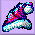 Pixelated icon with a colorful, abstract shape on left and text blocks in red and blue on light purple background.