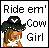 Pixelated static buddy icon featuring a cartoon cowgirl with text above her, set against a white background with black border.