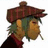 Pixelated image of a character wearing a brown hat with red accents, green shirt, and dark sleeves against white background.