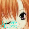 Anime-style character with orange hair and large black eyes, featuring three variations of cyan, purple, and blue text overlays.