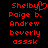 Red pixelated text on black background with 'Shelby' featuring a heart symbol replacing the 'y', followed by 'Poige b.', 'Andrew', 'beverly', and 'osssk' in stacked lines.