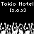 Black background with white pixelated text reading "Tokio Hotel" and "[x.o.x]" repeated twice, below which is a of grayscale pixelated figures with raised hands