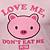 Pixelated pink cat face with dark pink inner ears, black eyes, and a dark pink nose, surrounded by pink floral shapes and partial text fragments.
