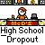Pixel art animation of a character at a counter with 'McD'S' sign, showing speech bubbles and repeated 'High School Dropout' text.
