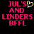 Pixelated text reads 'JUL'S AND LINDERS BFLL' with a yellow heart replacing the apostrophe in JUL'S on one side of an animated split-screen.