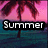 Pixelated beach scene with palm tree, pink sky, and blue water; text overlays change across frames.