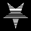 A black-and-white pixelated icon featuring a symmetrical, abstract shape with horizontal lines forming a central structure and tapered ends.