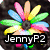 Colorful flower-shaped headpiece with rainbow petals, star-shaped background, and text overlays reading 'JennyP2', 'is so', and 'awesome!' on a pixelated image.
