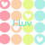 Pixelated of pastel circles with heart symbols, overlaid text reading "I Luv Jared Merandi xoxo" in cyan