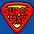 Red shield-shaped icon with yellow and black text reading "SUPER SUPER" on a blue background.
