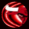 Red and white striped circular icon with a white curved shape, transitioning through showing motion blur effects