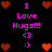 Pixelated icon with pink text and heart symbols on black background, showing repeated phrases "I Love Hugs!!!" and emoticons.