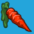A 5x4 grid of pixel-art food icons on a blue background, featuring carrots, lettuce, purple-spotted eggs, yellow tomatoes, purple onions, and red apples in various arrangements across frames.