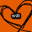 Pixelated orange background with black heart outline and central black rectangle containing white text 'will'.
