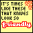 Yellow background with black text reading "IT'S TIMES LIKE THESE THAT KNIVES LOOK SO" and red outlined white text spelling "friendly" below, featuring pixelated red decorative elements.