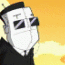 Animated sequence showing a robot character with large cyan eyes and white body, interacting with another figure in black attire against yellow background.