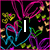 Animated pixel art with colorful abstract patterns and text elements changing across frames.