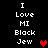 Pixelated text reads "I Love MI Black Jew" with a red heart symbol, displayed in two identical vertical on black background